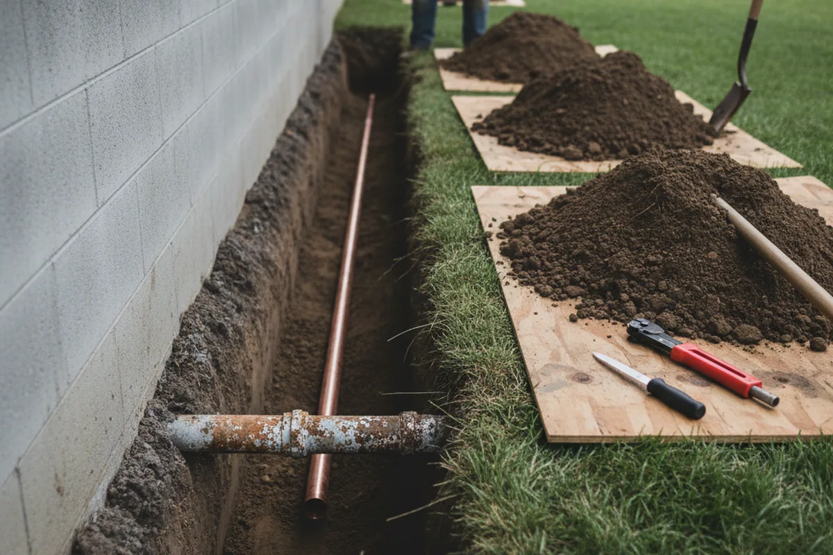 Excavated water line trench during Water Softener Installation in Lake Oswego